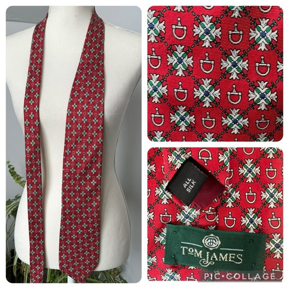 Tom James Red Silk USA Made Tie with Stirrup Equestrian Crest Print - Picture 1 of 5